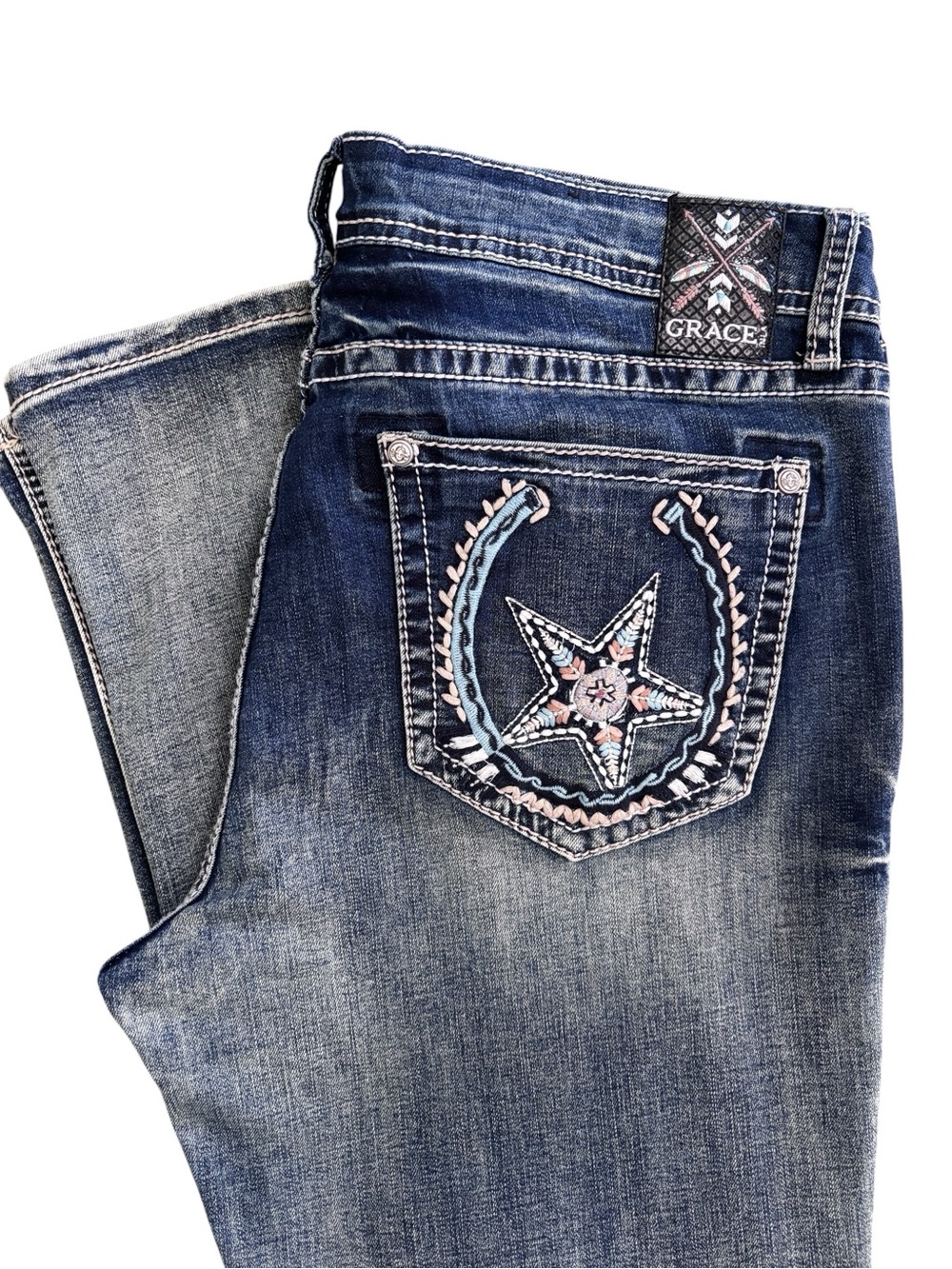 Grace in LA Easy Fit Paisley Embroidery Horseshoe Bootcut Jeans 33